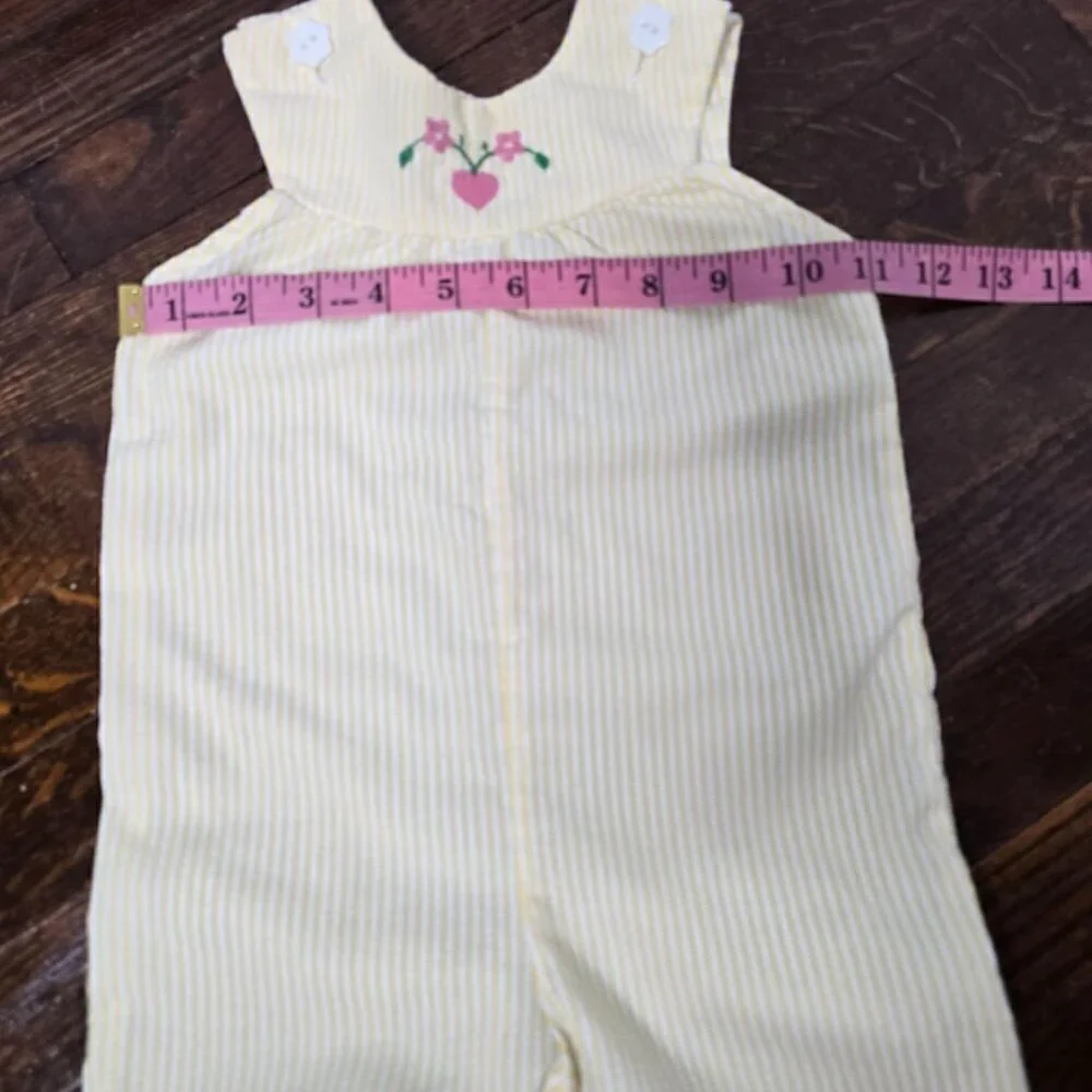 Vintage 80s 90s Pastel Yellow Striped Pink Heart Embroidery Baby Overalls